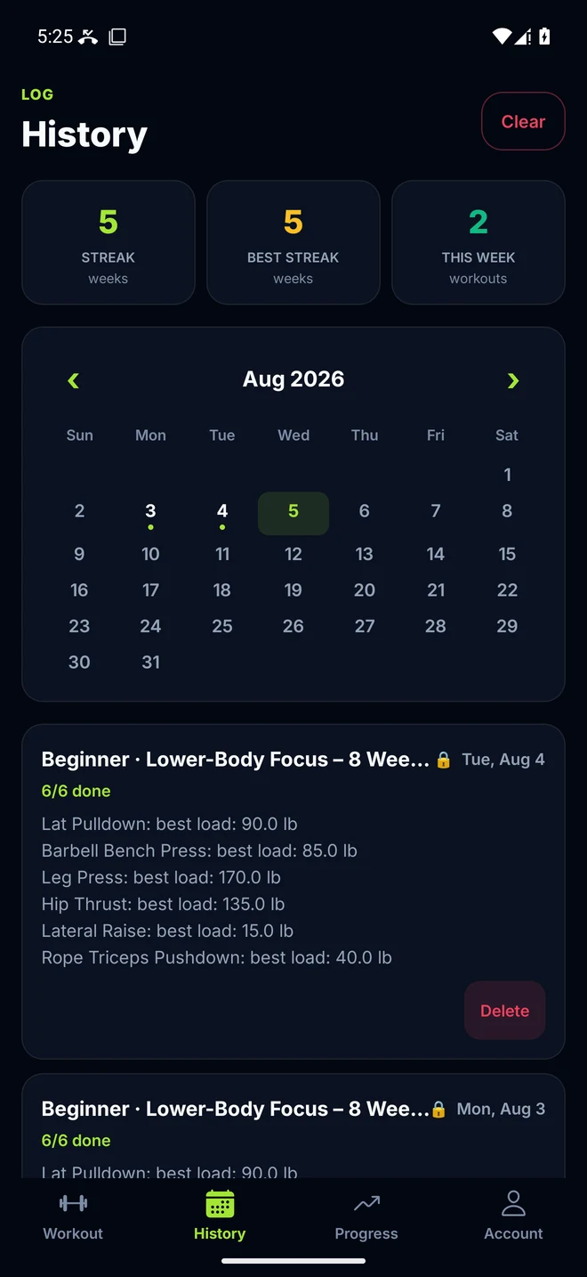 Histórico de treinos do Trainer Pro Gym