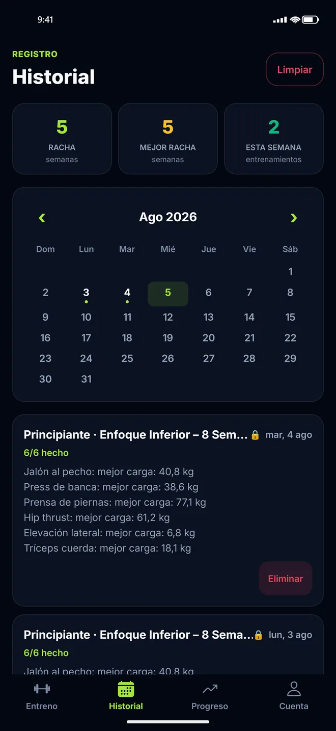 Historial de Trainer Pro Gym con calendario de entrenamientos, racha y mejor carga por ejercicio