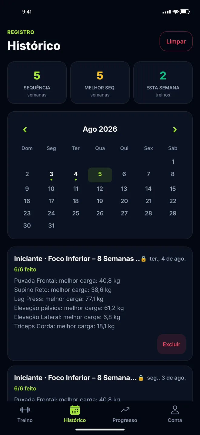 Histórico do Trainer Pro Gym com calendário de treinos, ofensiva e melhor carga por exercício