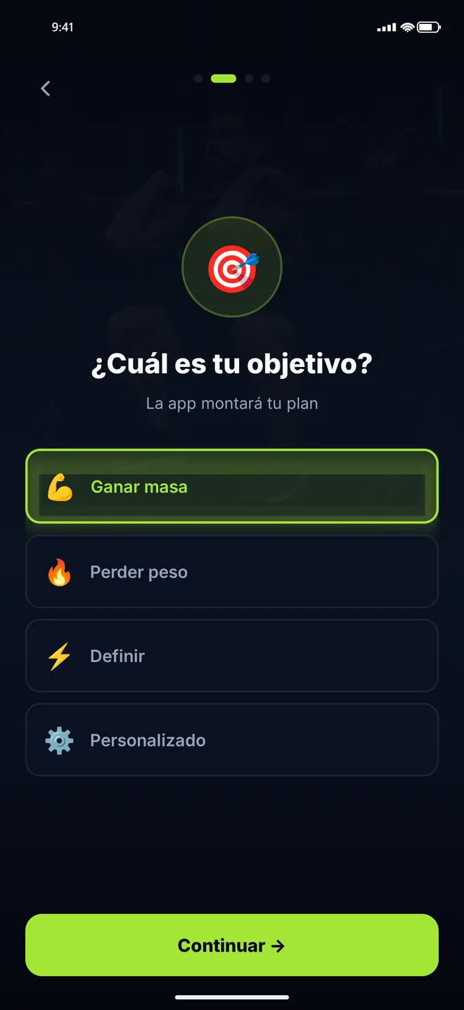 Pantalla inicial de Trainer Pro Gym que pregunta cuál es tu objetivo, con cuatro opciones