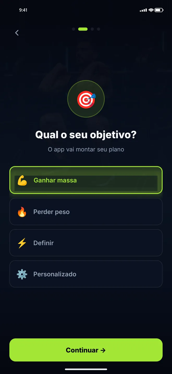 Tela inicial do Trainer Pro Gym perguntando qual é o seu objetivo, com quatro opções